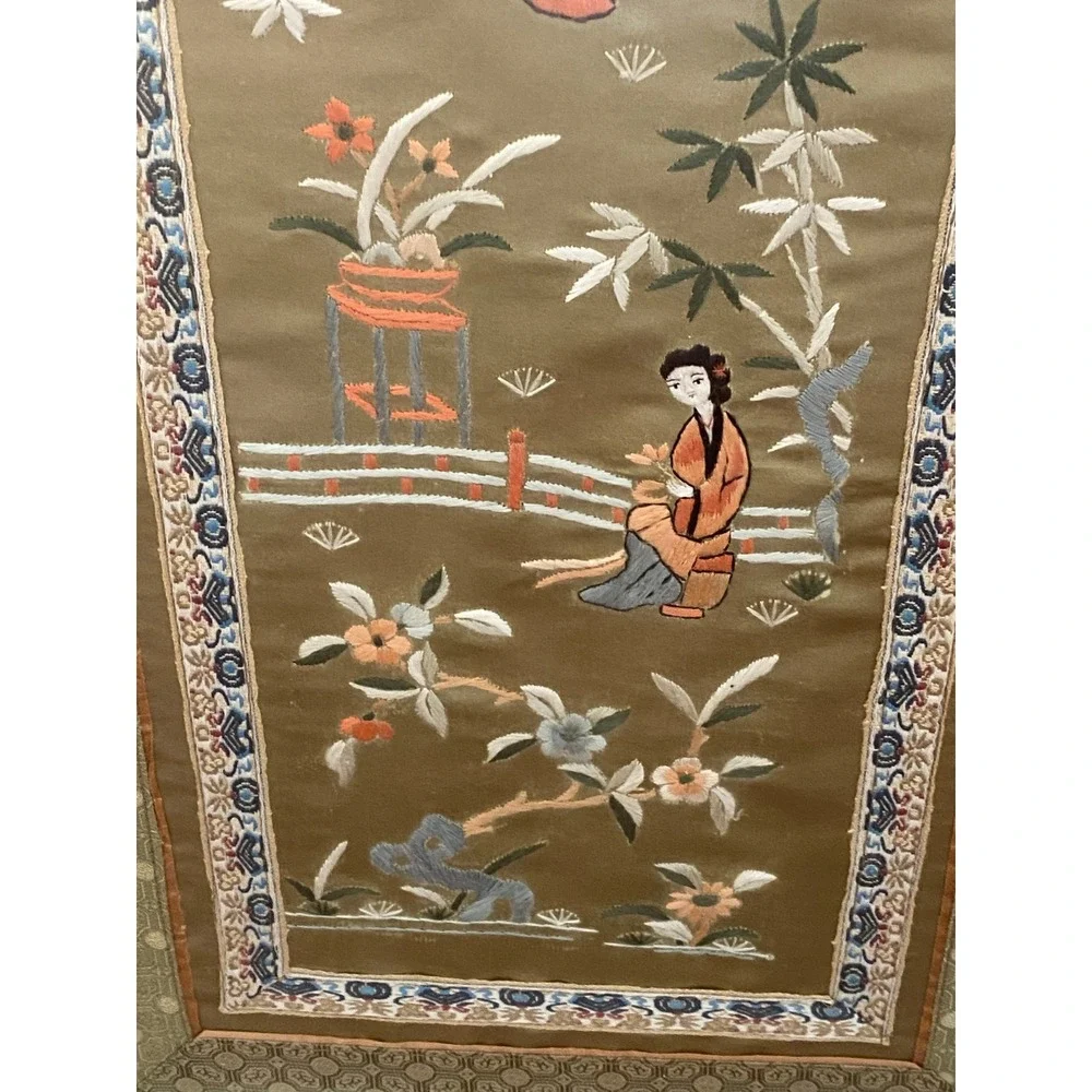 Antique Chinese Silk Embroidery Framed Garden Scene Landscape Wall Art Panel